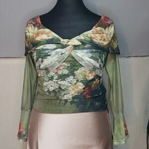 Cider L Semi Sheer Olive Green Floral Top Bell Sleeve Off Shoulder Artsy Boho